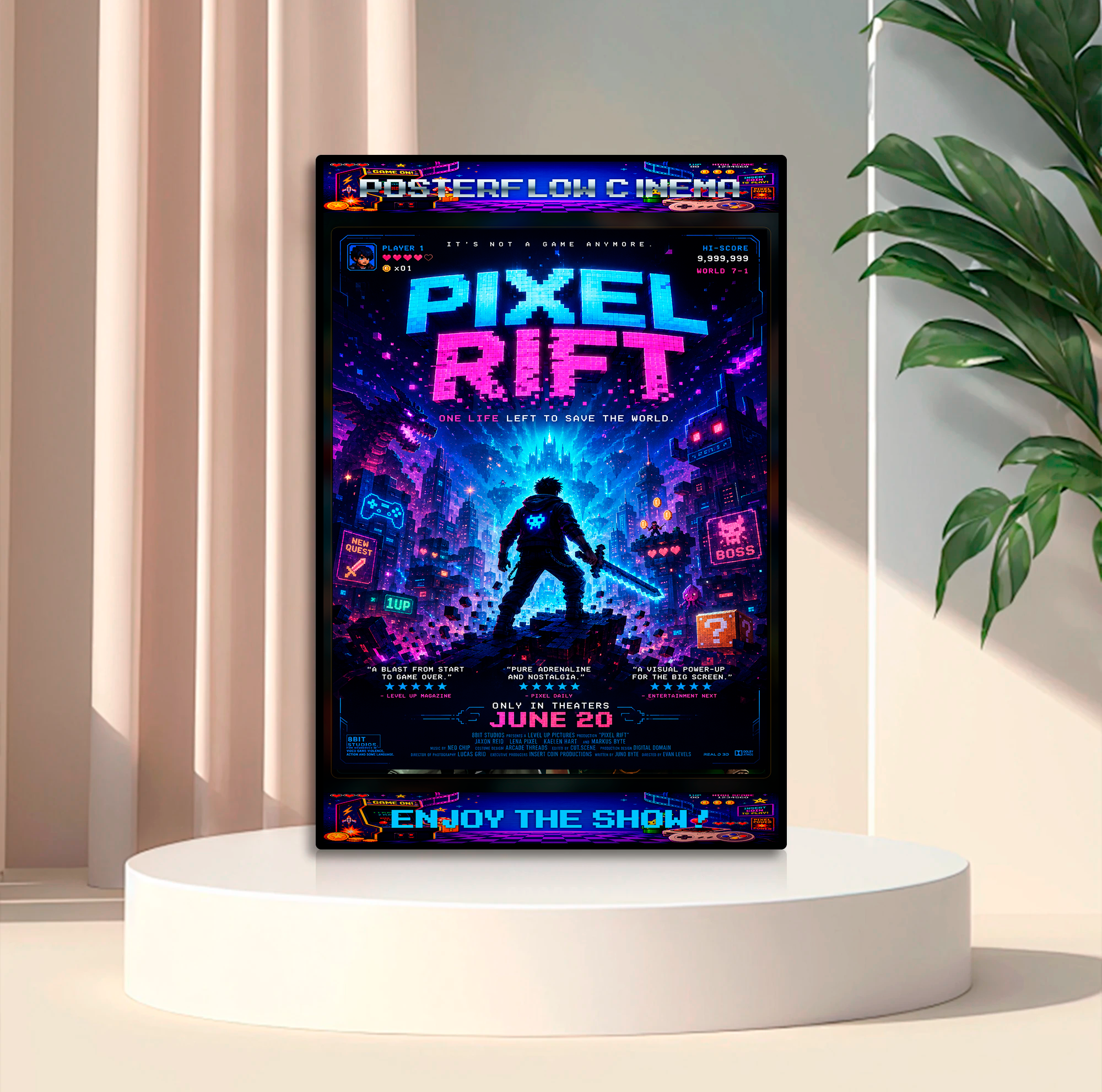 PosterFlow Cinema Pixel Rift poster display mockup