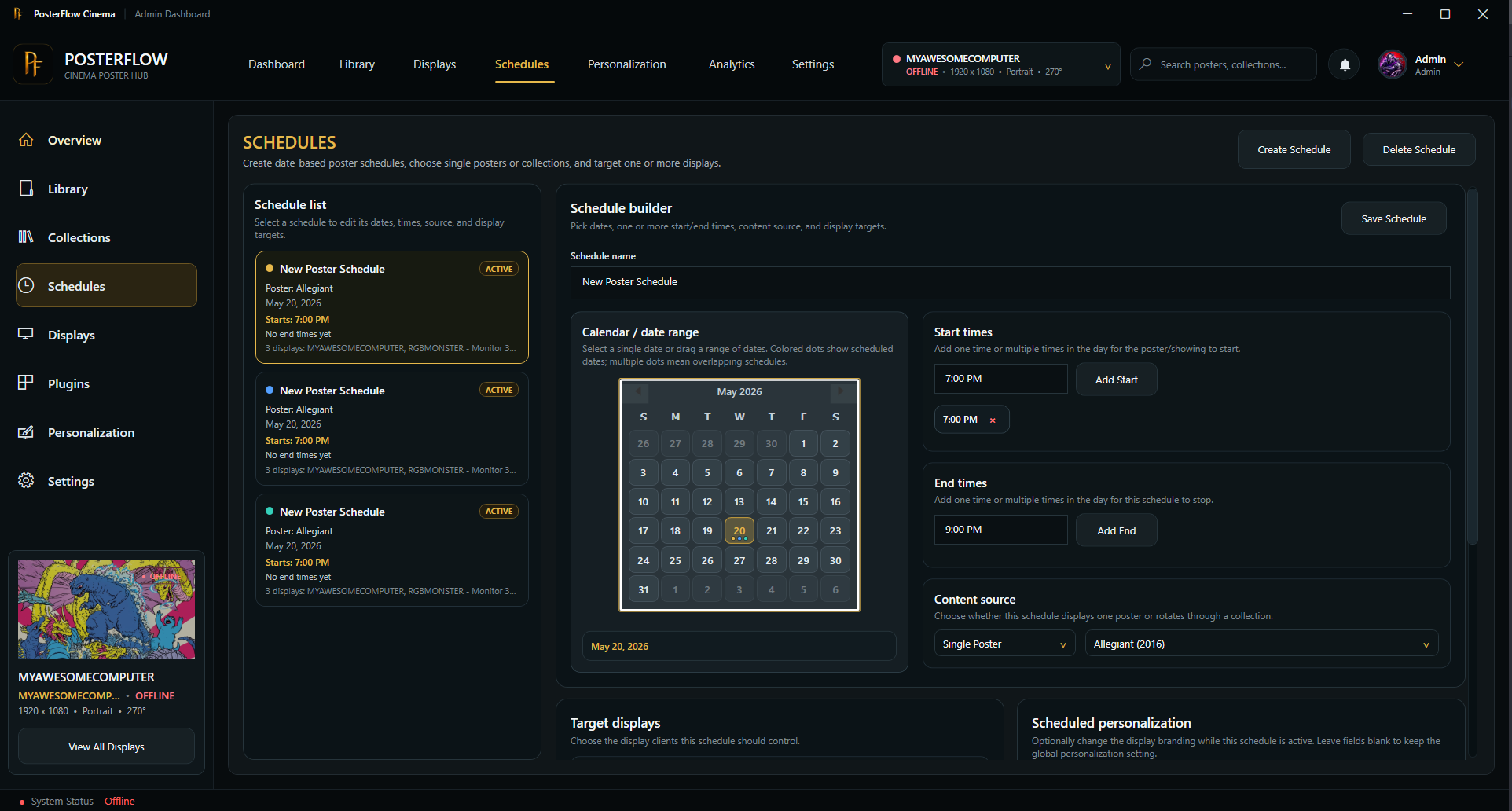 PosterFlow schedules dashboard screenshot